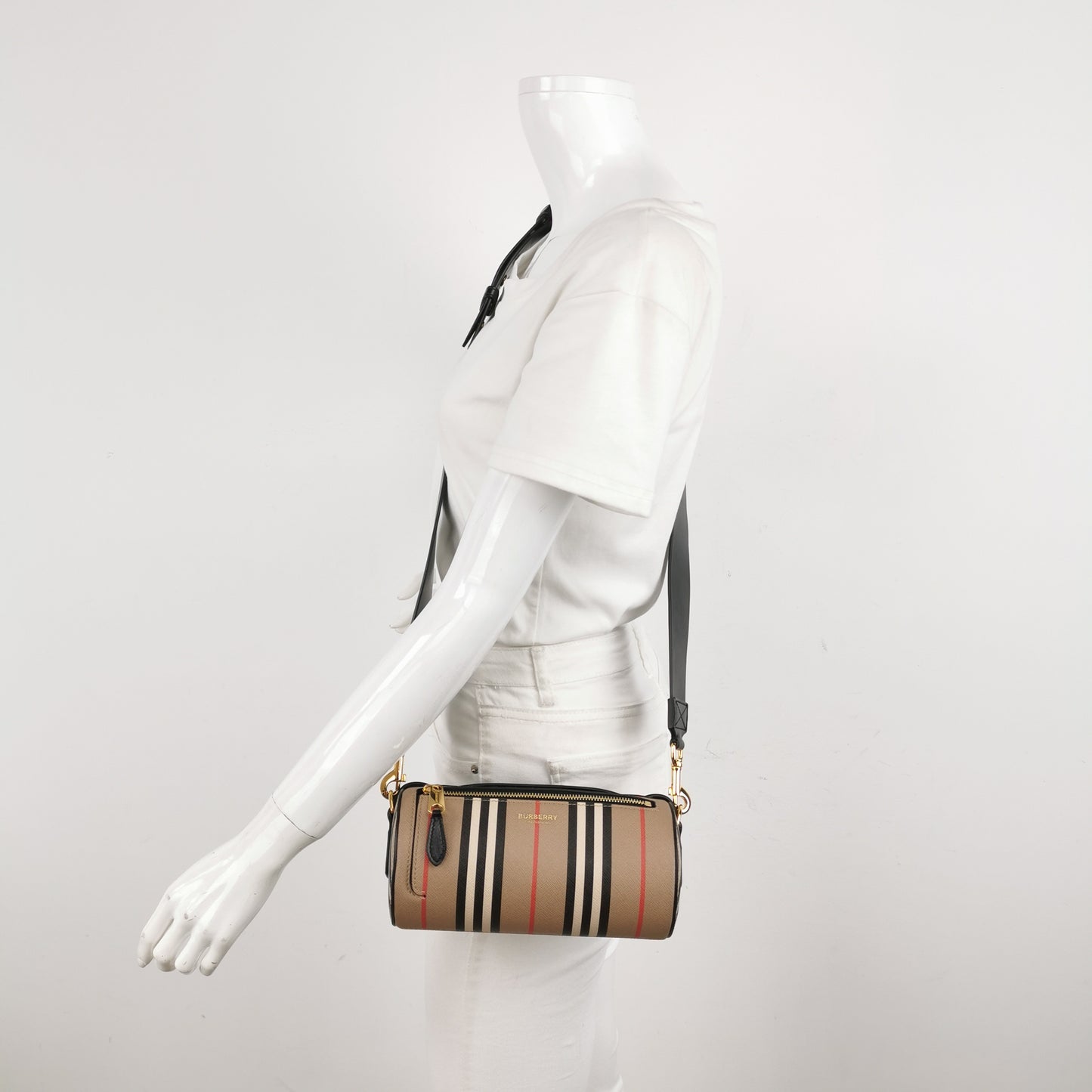 Burberry - E-canvas Stripe Cylindrical Bag (Product Code: 80304561) - E-canvas (Coated Canvas) with Leather trim - Beige with Black, White, and Red stripes; Black leather trim; Gold-tone hardware - (mini)
