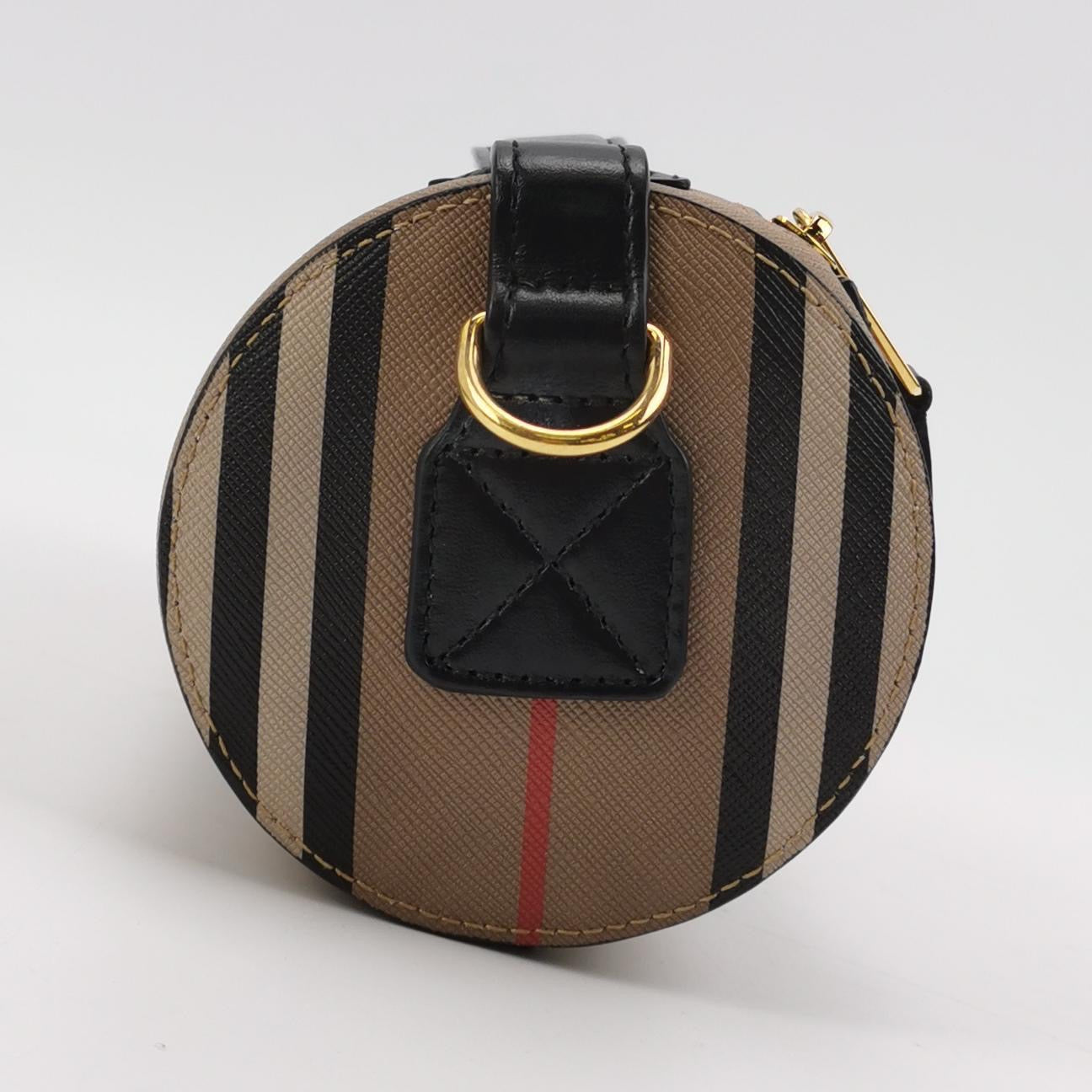 Burberry - E-canvas Stripe Cylindrical Bag (Product Code: 80304561) - E-canvas (Coated Canvas) with Leather trim - Beige with Black, White, and Red stripes; Black leather trim; Gold-tone hardware - (mini)
