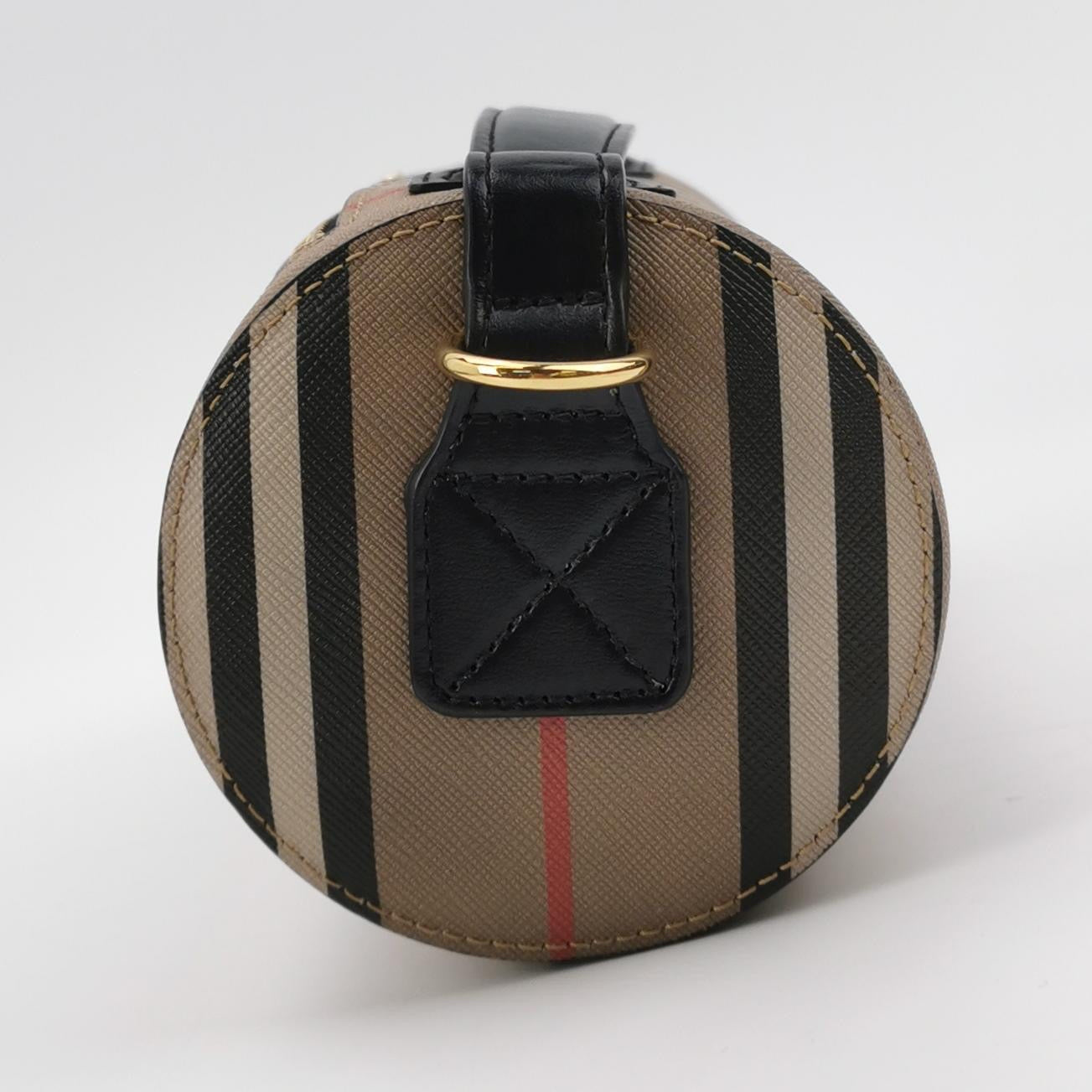Burberry - E-canvas Stripe Cylindrical Bag (Product Code: 80304561) - E-canvas (Coated Canvas) with Leather trim - Beige with Black, White, and Red stripes; Black leather trim; Gold-tone hardware - (mini)