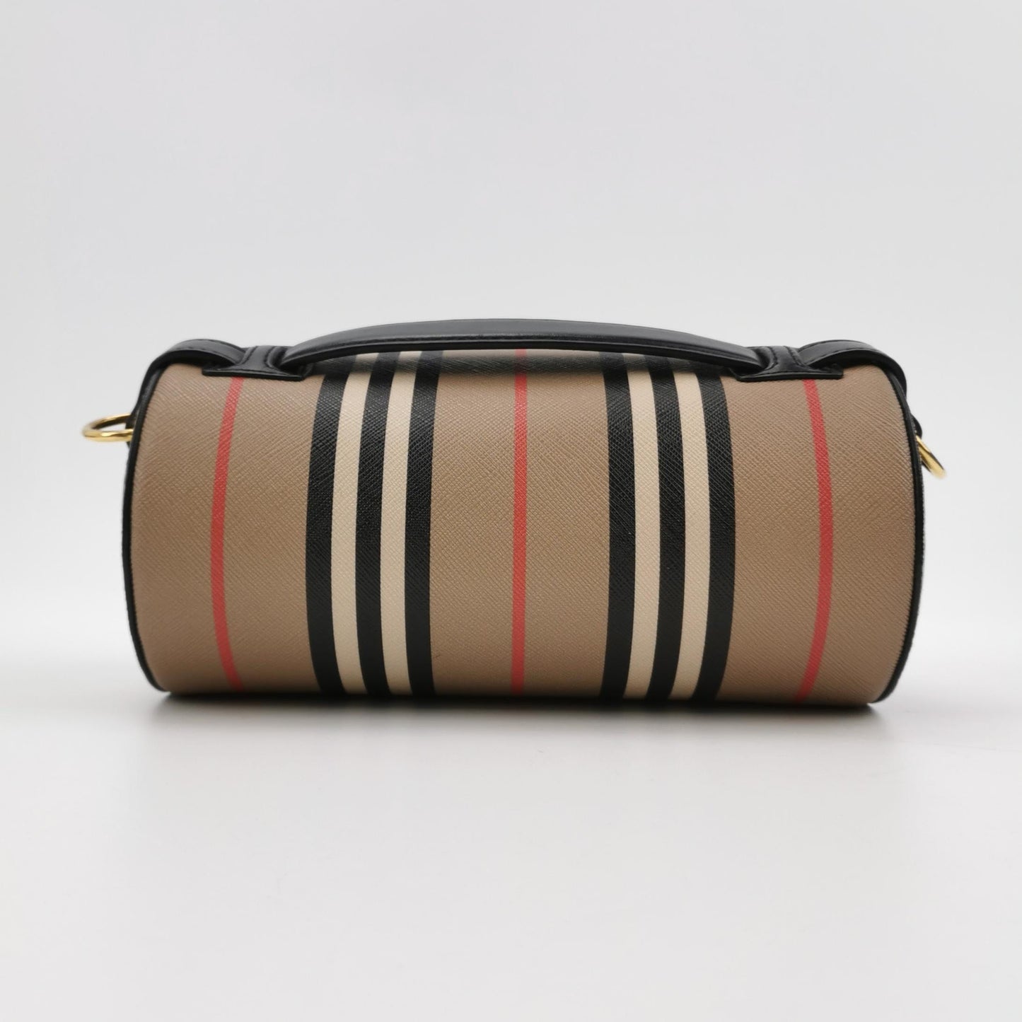 Burberry - E-canvas Stripe Cylindrical Bag (Product Code: 80304561) - E-canvas (Coated Canvas) with Leather trim - Beige with Black, White, and Red stripes; Black leather trim; Gold-tone hardware - (mini)