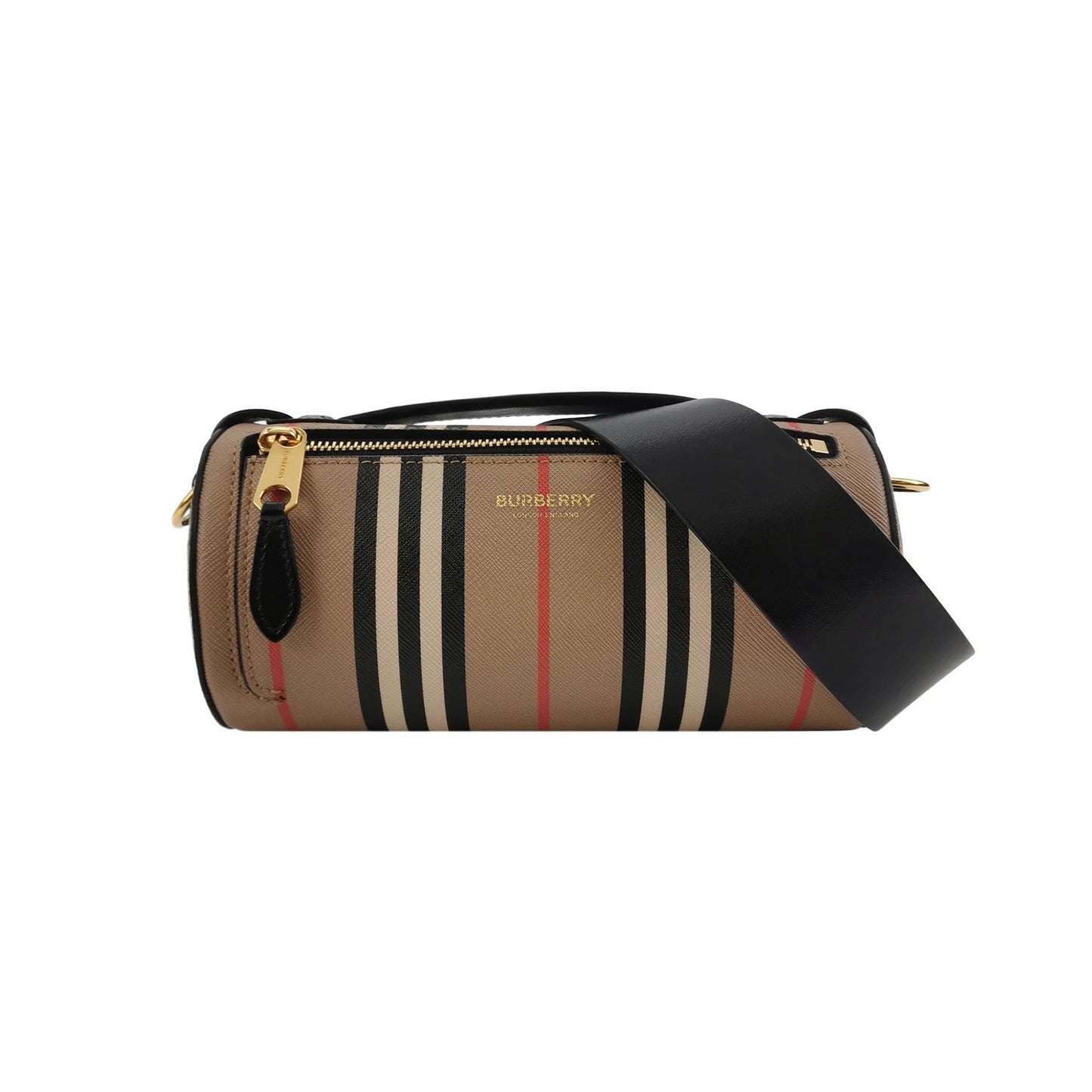 Burberry - E-canvas Stripe Cylindrical Bag (Product Code: 80304561) - E-canvas (Coated Canvas) with Leather trim - Beige with Black, White, and Red stripes; Black leather trim; Gold-tone hardware - (mini)