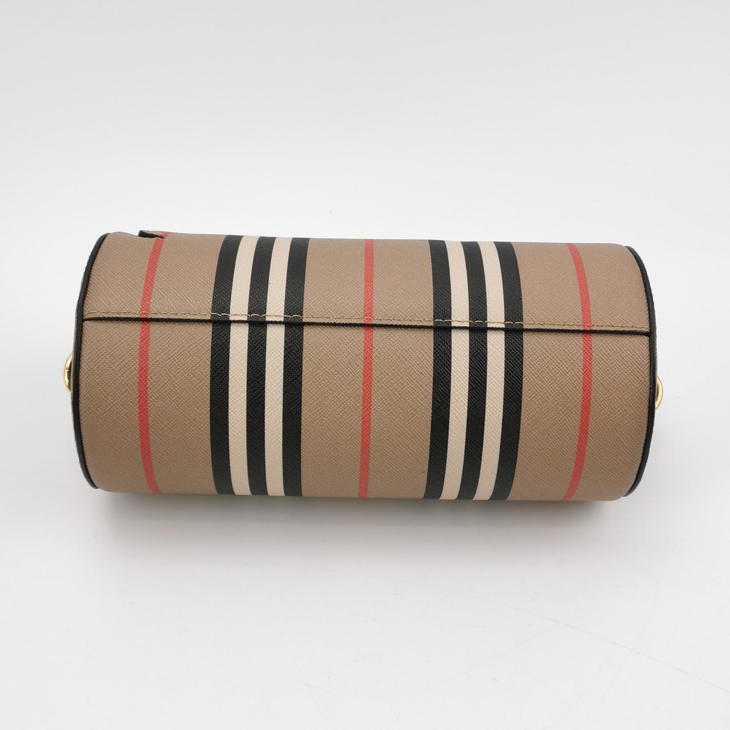 Burberry - E-canvas Stripe Cylindrical Bag (Product Code: 80304561) - E-canvas (Coated Canvas) with Leather trim - Beige with Black, White, and Red stripes; Black leather trim; Gold-tone hardware - (mini)