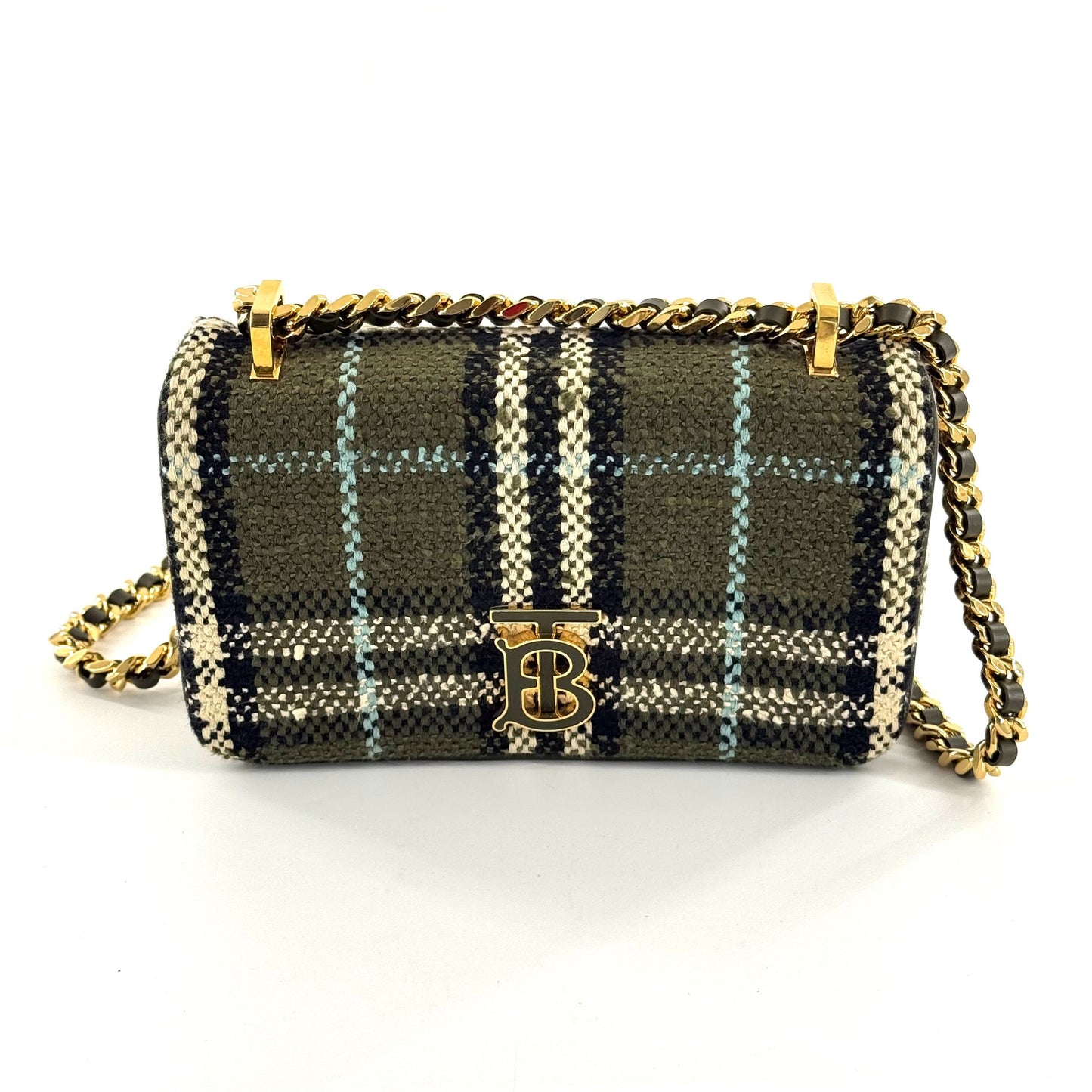 Burberry - Lola Small Rona Bag - Tweed and Leather - Olive Green plaid with black, cream, and light blue accents - (small)