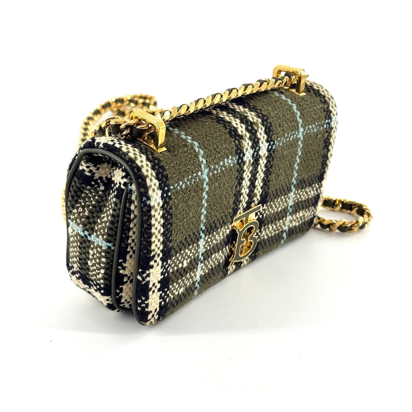 Burberry - Lola Small Rona Bag - Tweed and Leather - Olive Green plaid with black, cream, and light blue accents - (small)
