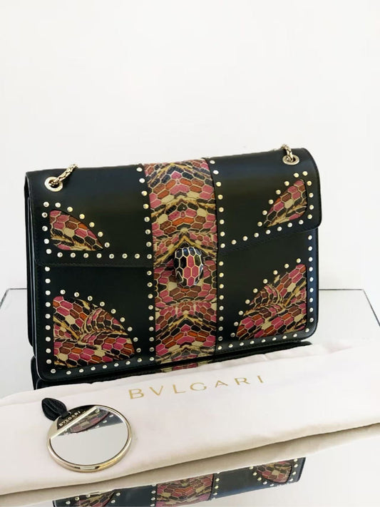 Bvlgari - Serpenti Forever Accordion Bag - Smooth leather with python skin patchwork - Black with multicolour python accents - (Medium)