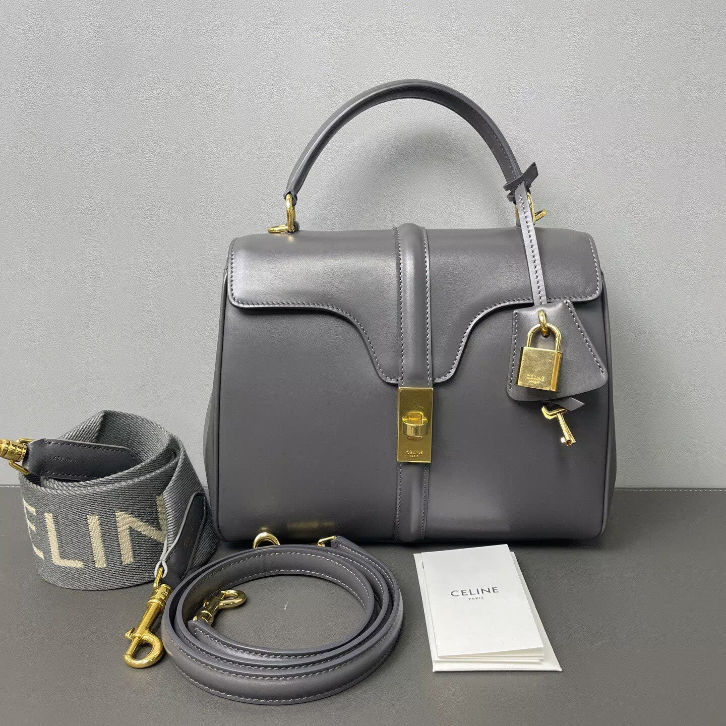 Celine - 16 Soft Mini Top Handle Bag with Lock - Cowhide leather with canvas strap - Grey with Gold-Tone Hardware - (mini)