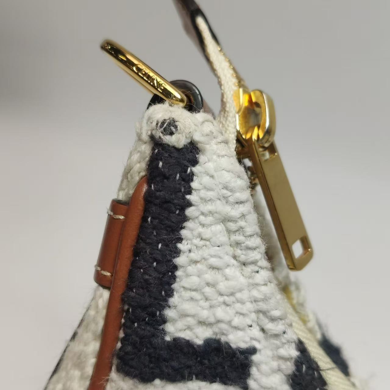 Celine - AVA Shoulder Bag - Knit fabric with leather trim - Beige, Black, and Brown - (Mini)
