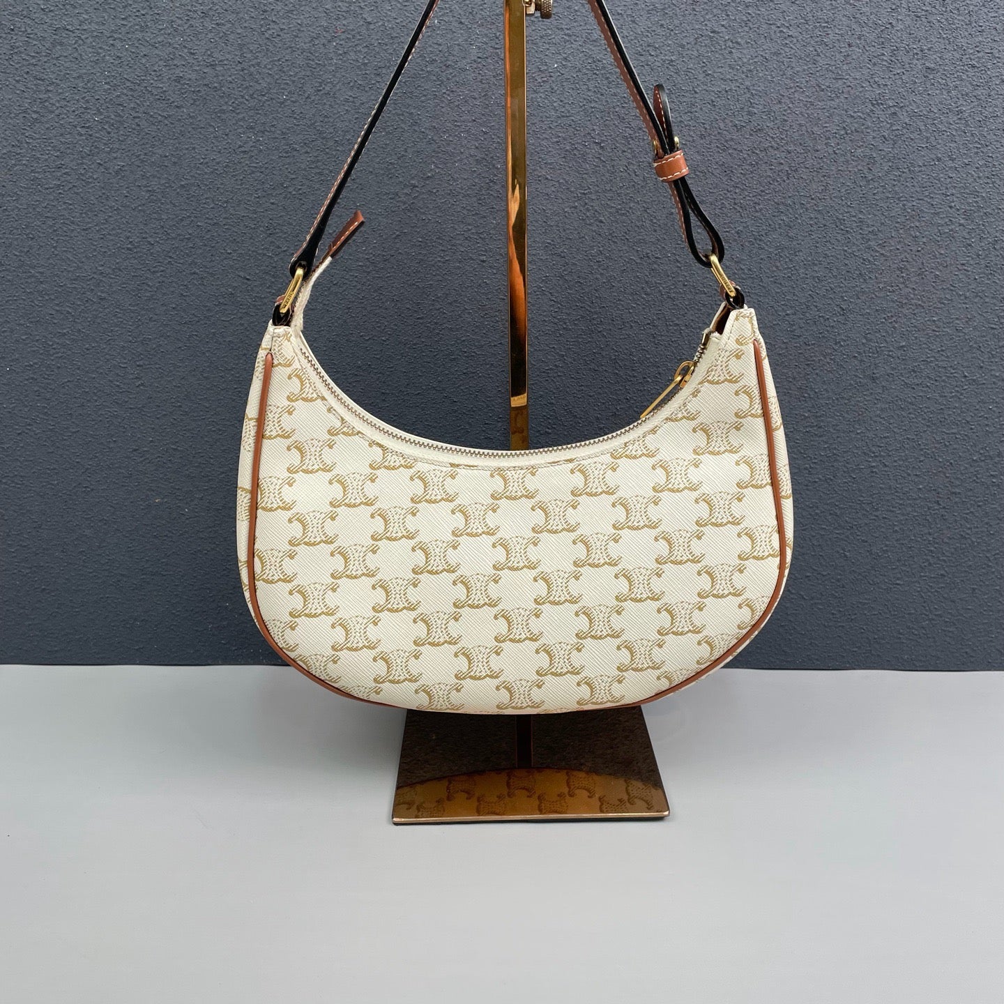 Celine - Ava - Triomphe coated canvas with calfskin leather trim - White with tan Triomphe monogram and brown leather accents - (mini)