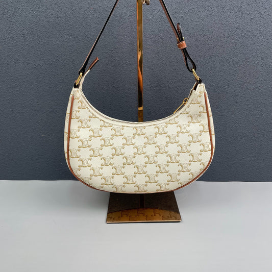 Celine - Ava - Triomphe coated canvas with calfskin leather trim - White with tan Triomphe monogram and brown leather accents - (mini)