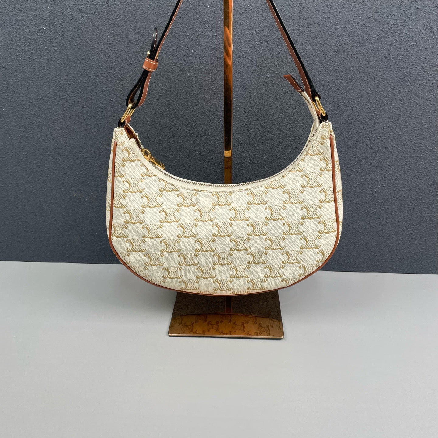 Celine - Ava - Triomphe coated canvas with calfskin leather trim - White with tan Triomphe monogram and brown leather accents - (mini)