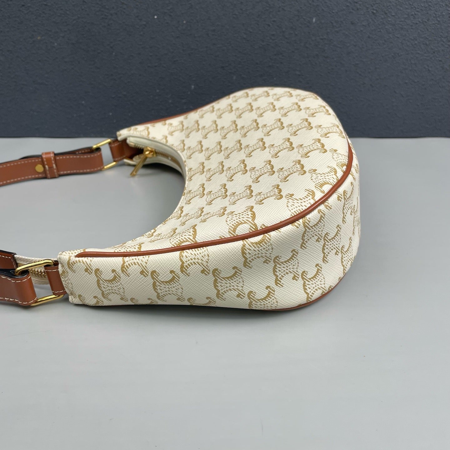 Celine - Ava - Triomphe coated canvas with calfskin leather trim - White with tan Triomphe monogram and brown leather accents - (mini)