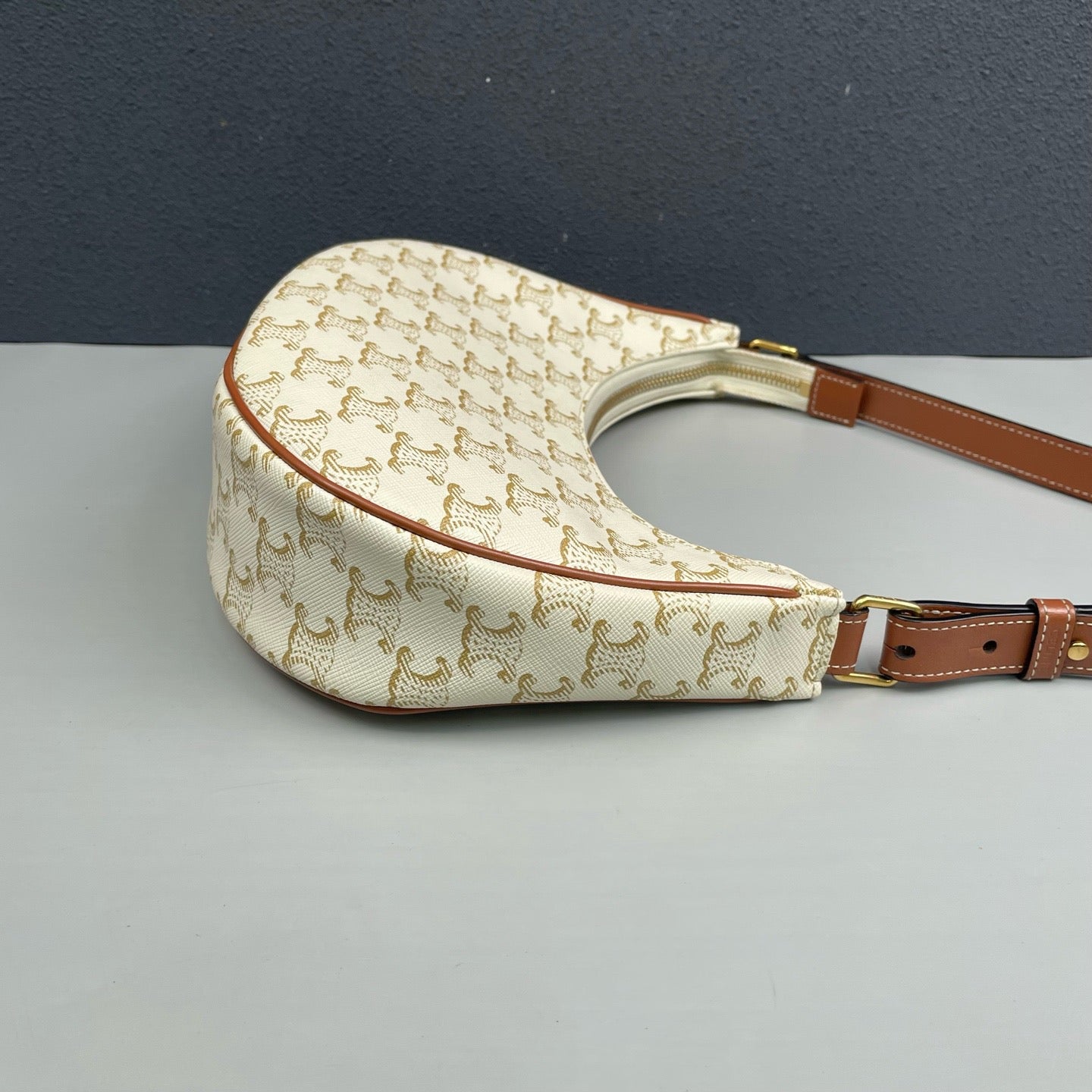 Celine - Ava - Triomphe coated canvas with calfskin leather trim - White with tan Triomphe monogram and brown leather accents - (mini)