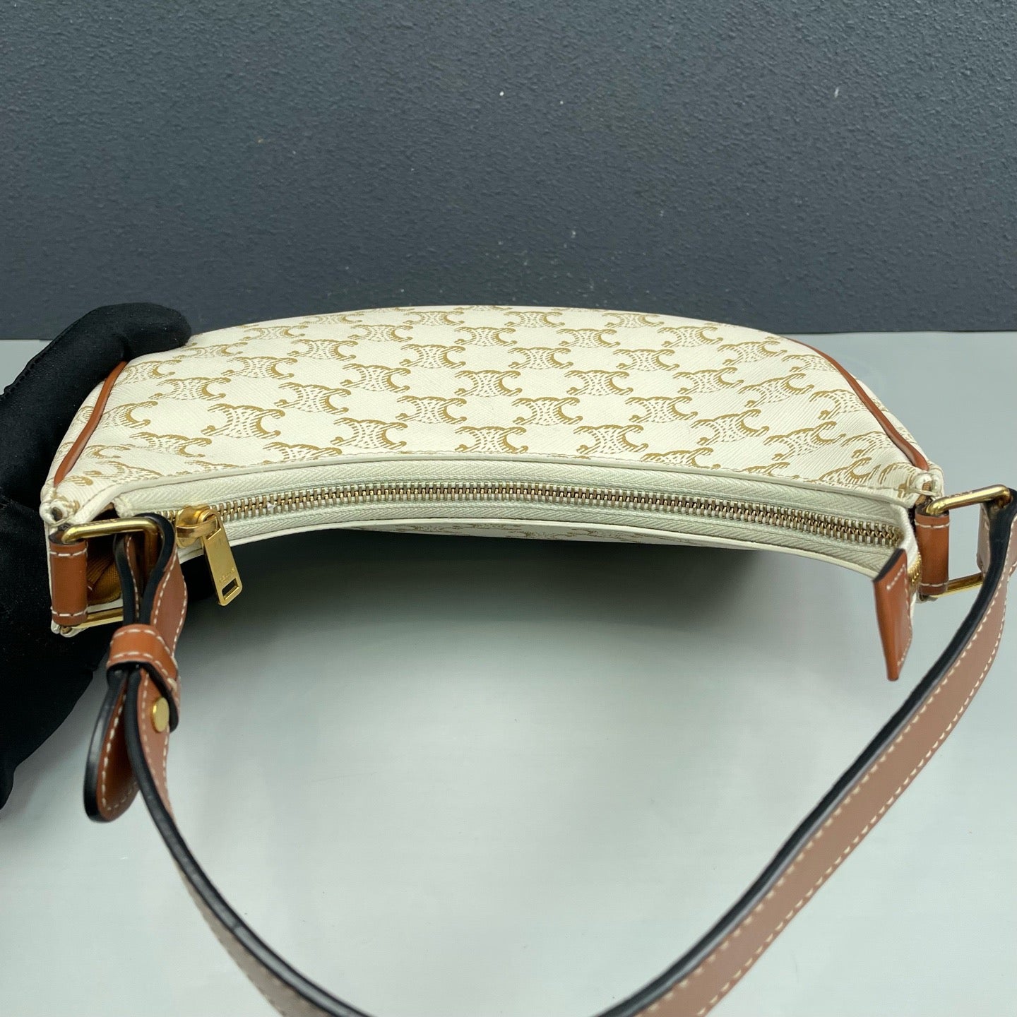 Celine - Ava - Triomphe coated canvas with calfskin leather trim - White with tan Triomphe monogram and brown leather accents - (mini)
