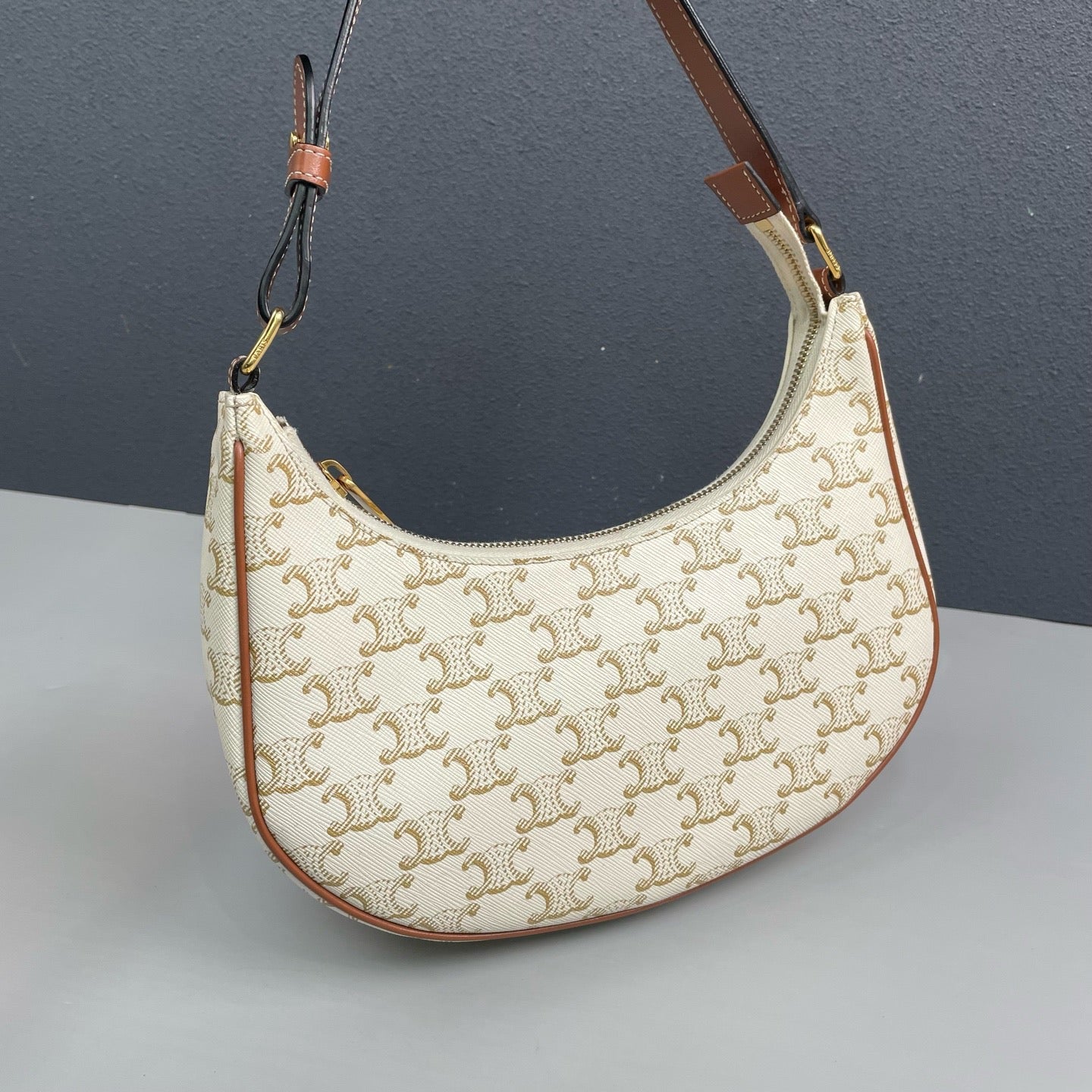 Celine - Ava - Triomphe coated canvas with calfskin leather trim - White with tan Triomphe monogram and brown leather accents - (mini)