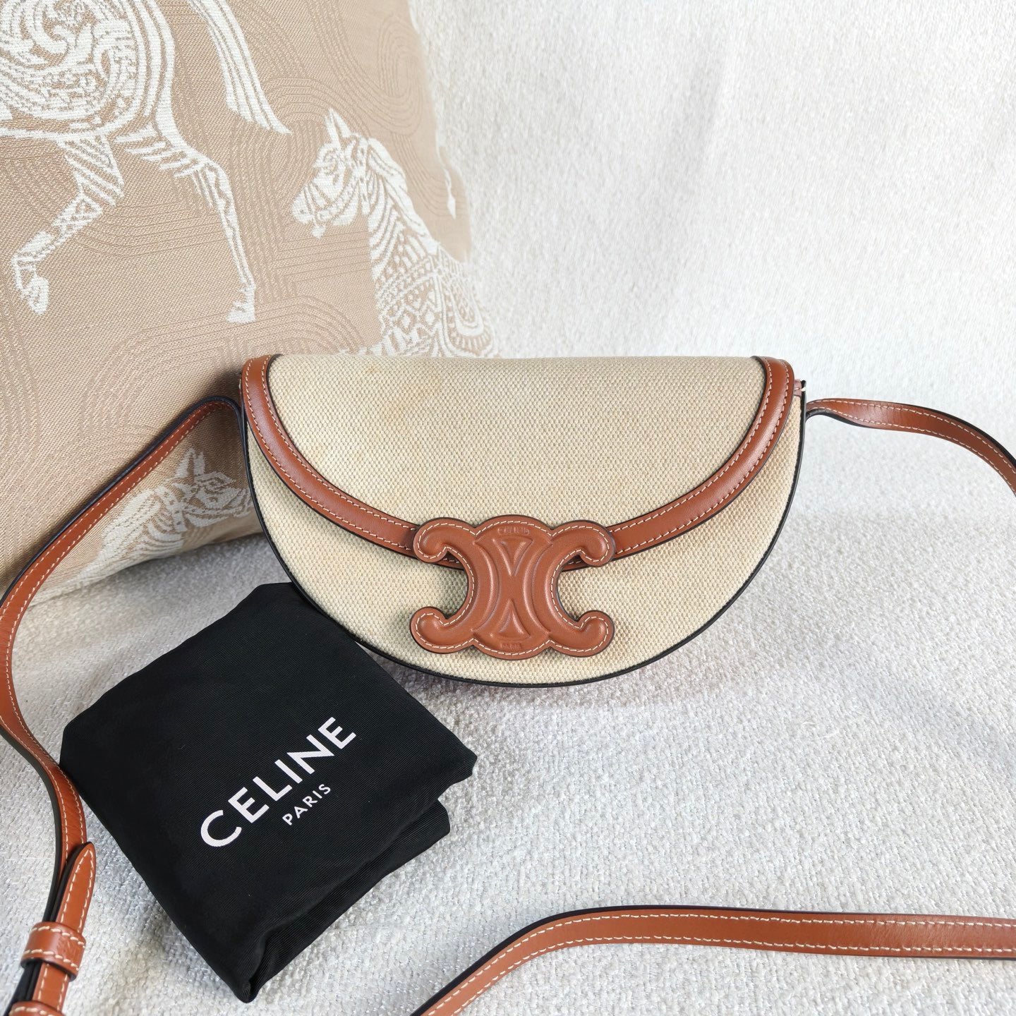 Celine - Basace Triomphe Moon Bag - Canvas and leather - Brown and Beige - (mini)