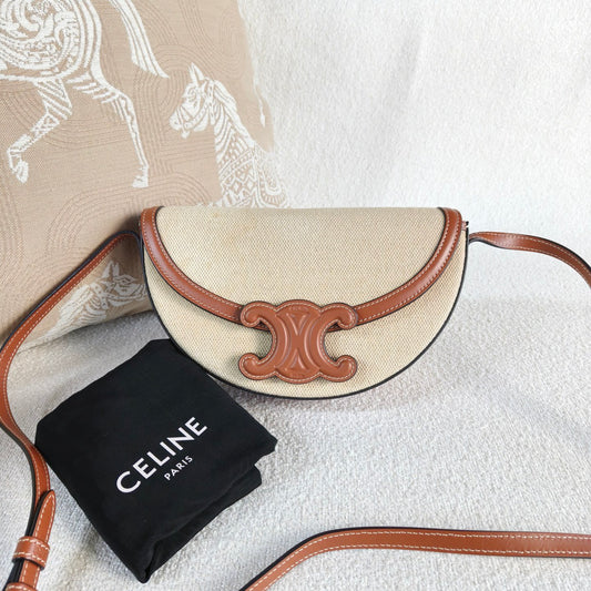 Celine - Basace Triomphe Moon Bag - Canvas and leather - Brown and Beige - (mini)
