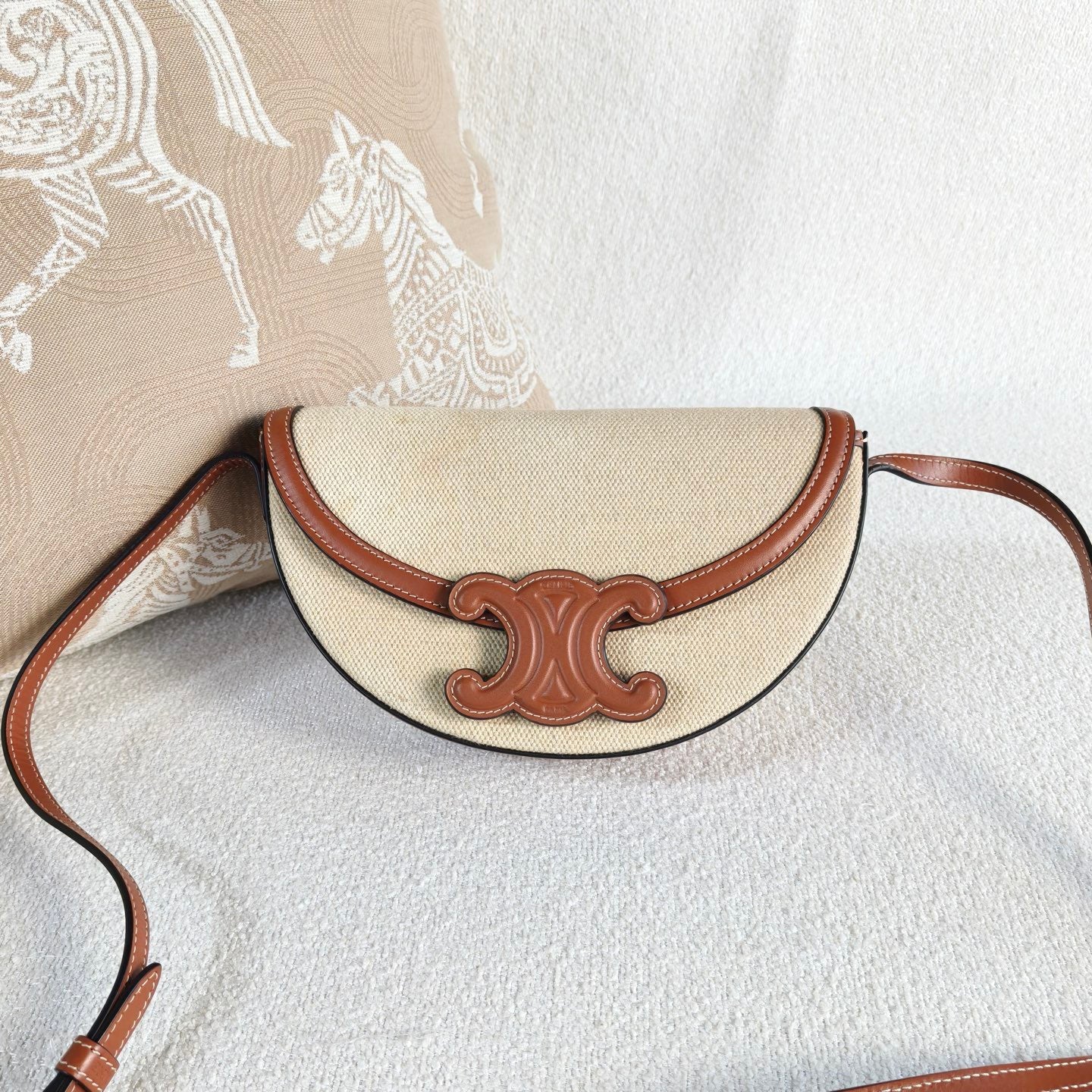 Celine - Basace Triomphe Moon Bag - Canvas and leather - Brown and Beige - (mini)