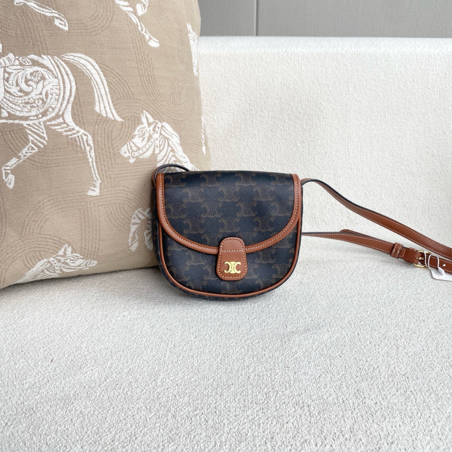 Celine - Besace Triomphe Mini Saddle Bag - Triomphe canvas with leather trim - Brown - (mini)