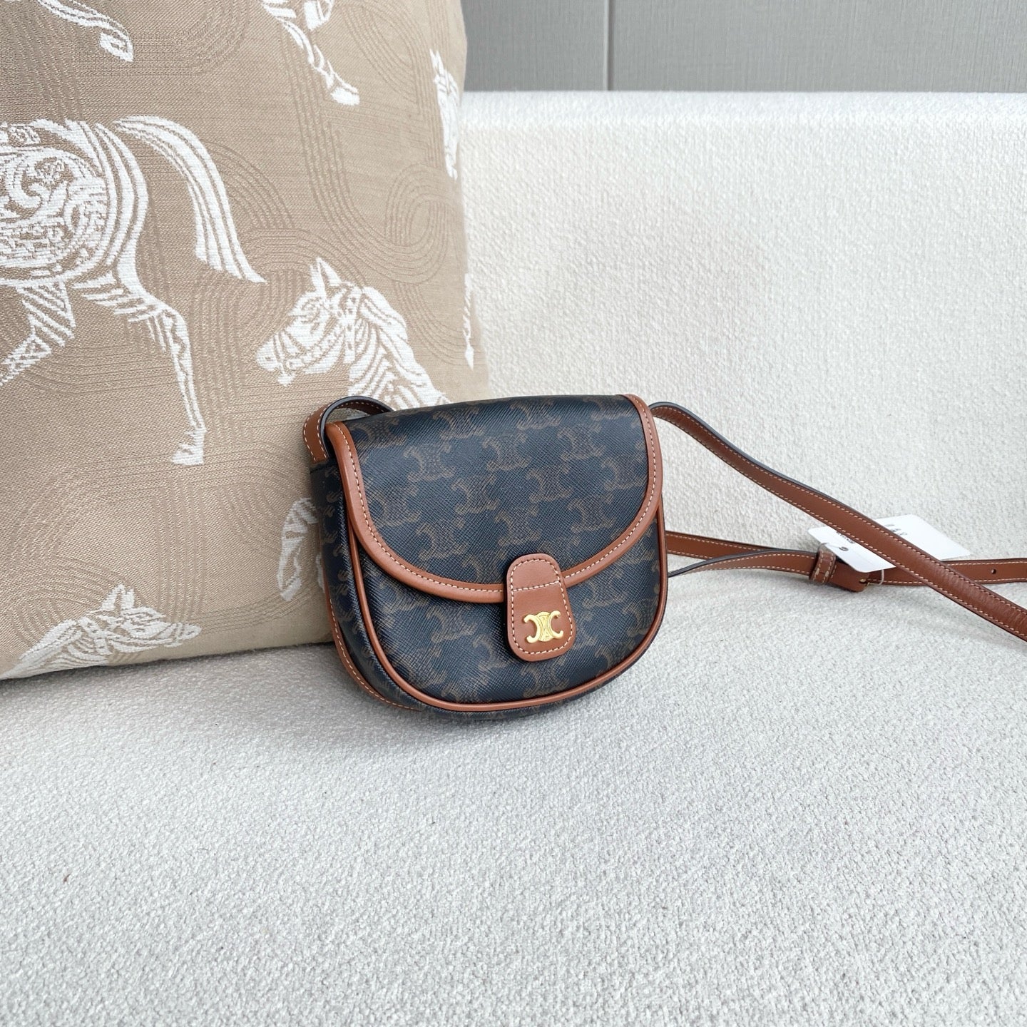 Celine - Besace Triomphe Mini Saddle Bag - Triomphe canvas with leather trim - Brown - (mini)