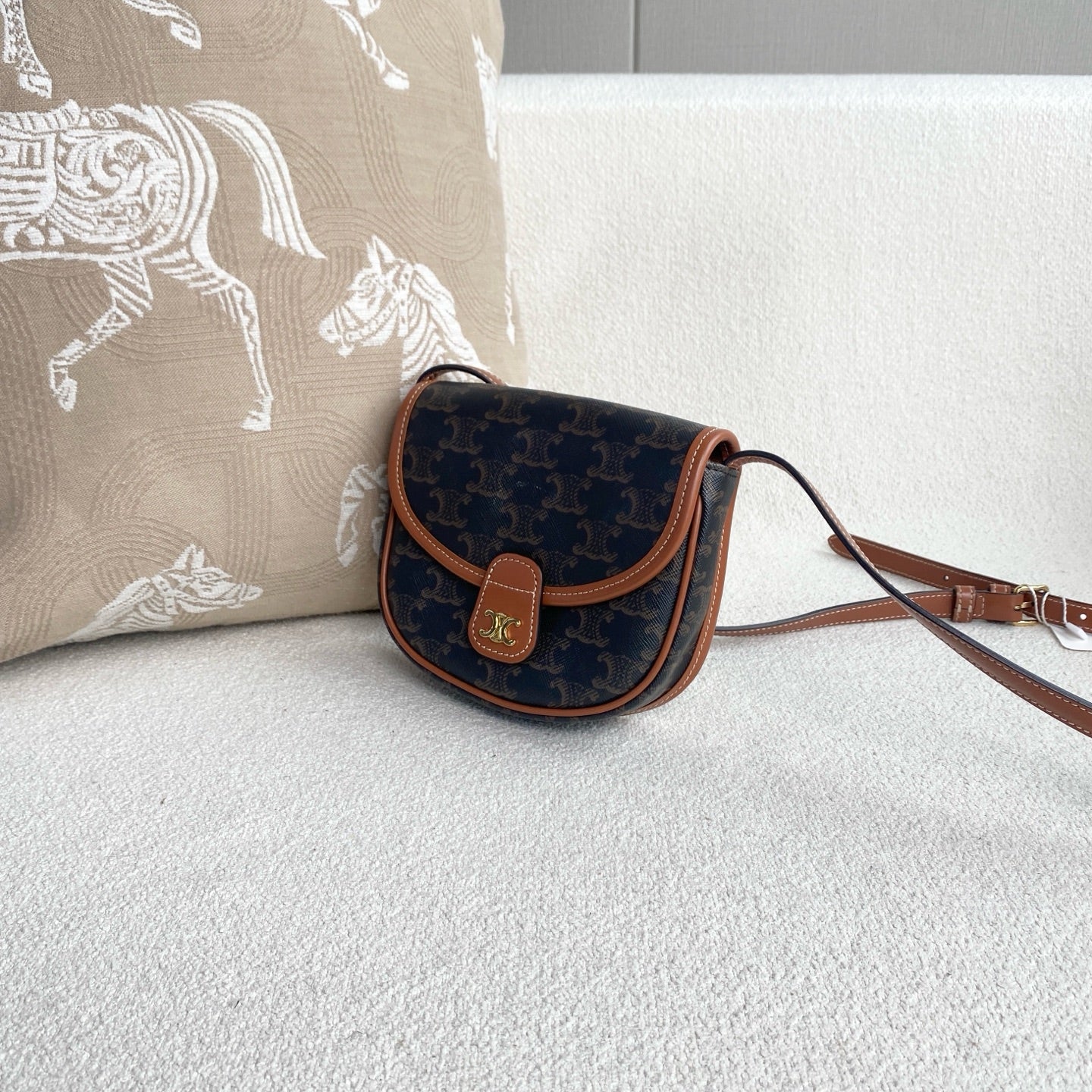 Celine - Besace Triomphe Mini Saddle Bag - Triomphe canvas with leather trim - Brown - (mini)
