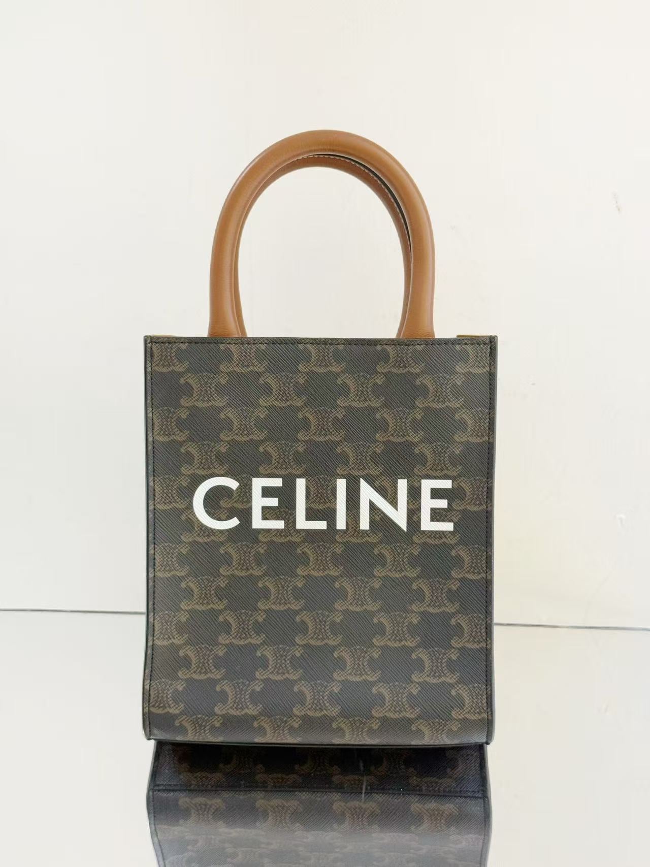 Celine - Cabas Mini - Triomphe coated canvas with leather trim and handles - Brown and Black with Tan handles - (mini)