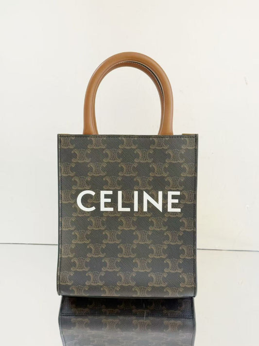 Celine - Cabas Mini - Triomphe coated canvas with leather trim and handles - Brown and Black with Tan handles - (mini)