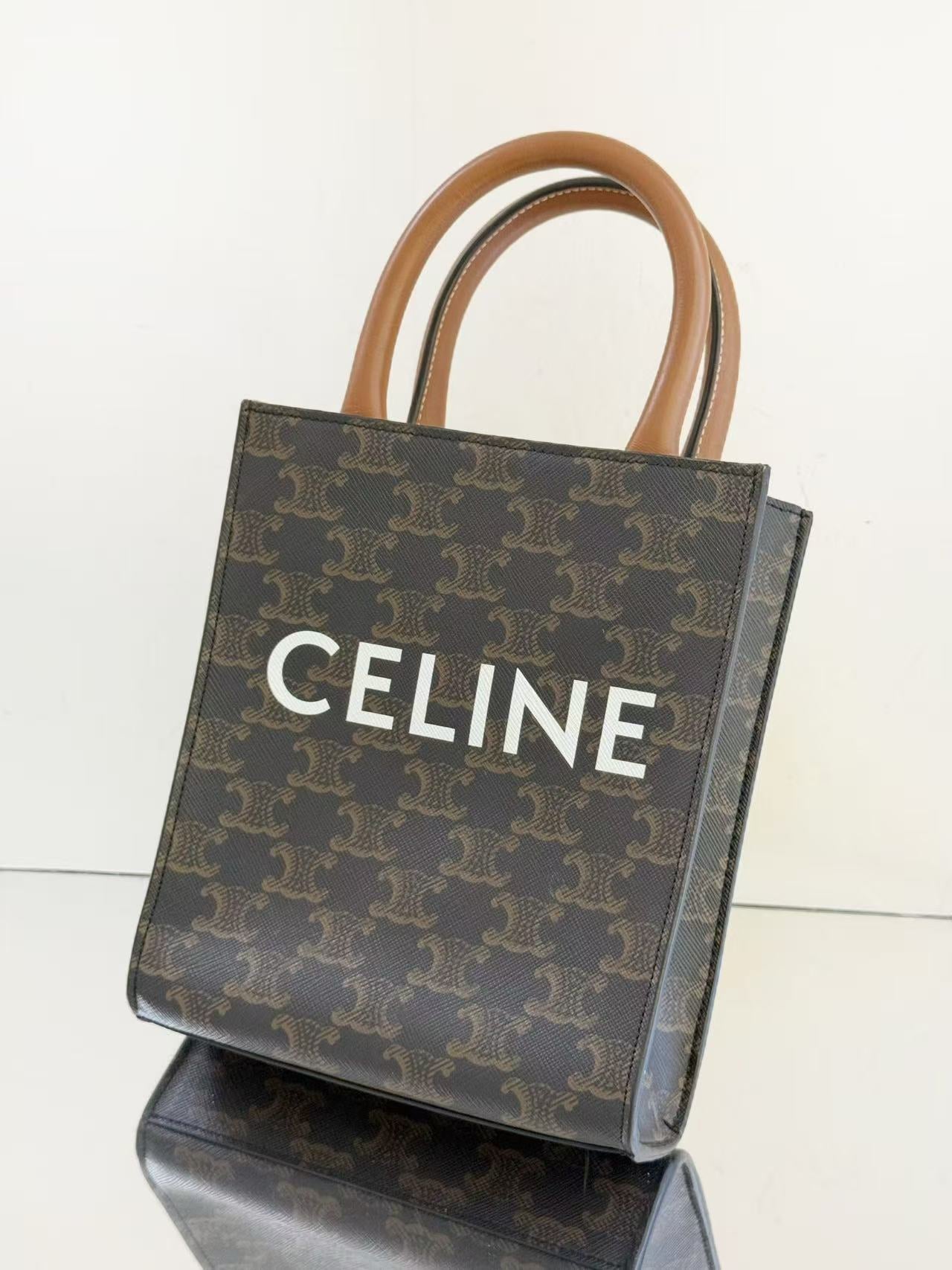 Celine - Cabas Mini - Triomphe coated canvas with leather trim and handles - Brown and Black with Tan handles - (mini)