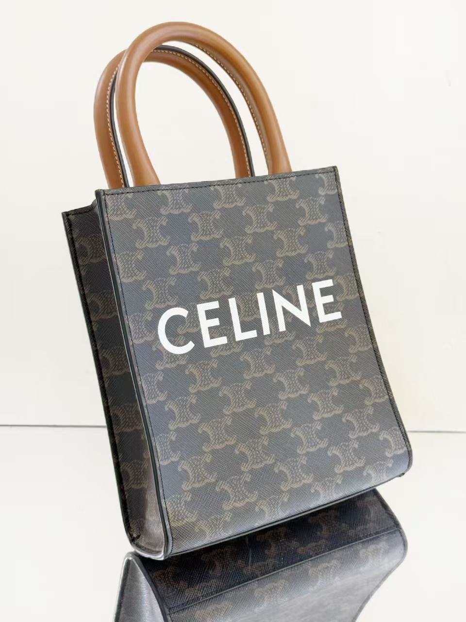 Celine - Cabas Mini - Triomphe coated canvas with leather trim and handles - Brown and Black with Tan handles - (mini)