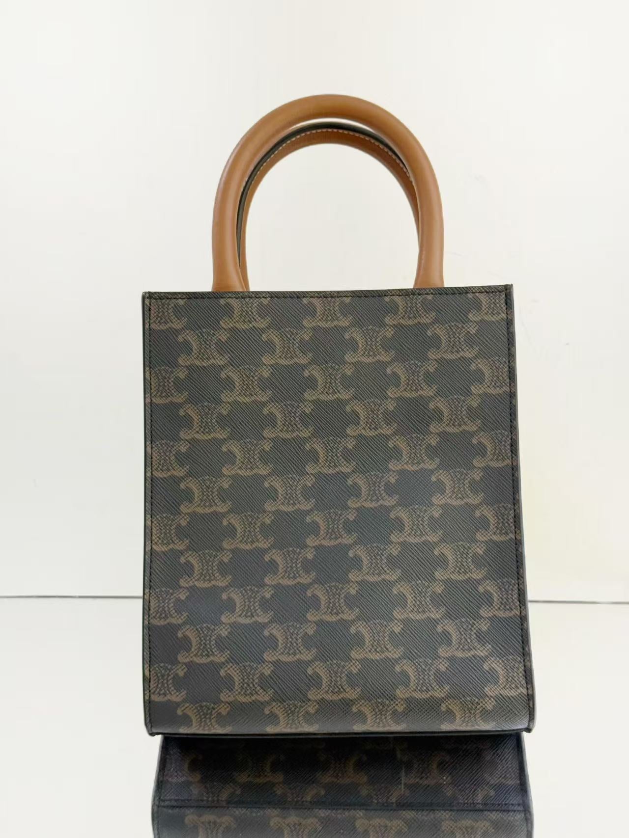 Celine - Cabas Mini - Triomphe coated canvas with leather trim and handles - Brown and Black with Tan handles - (mini)