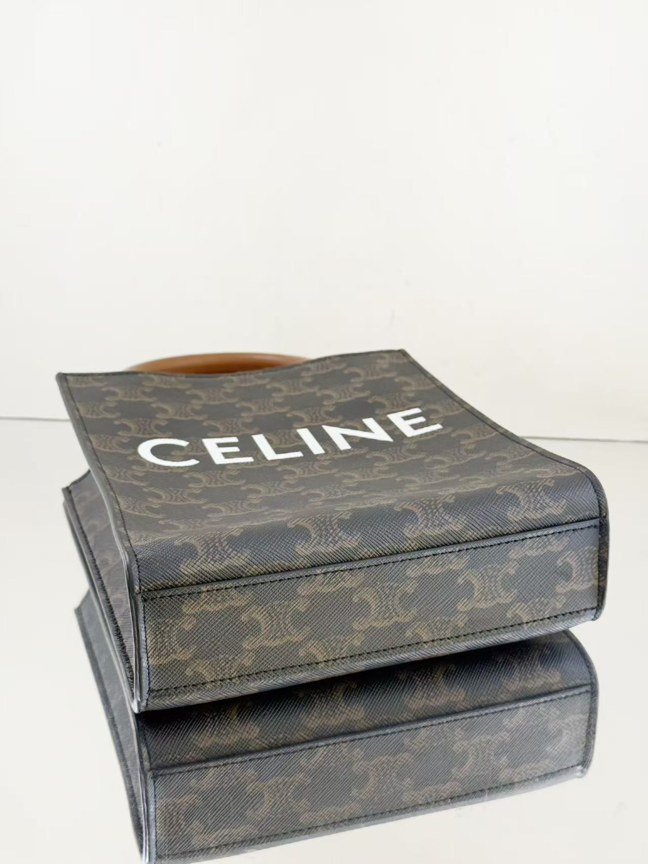Celine - Cabas Mini - Triomphe coated canvas with leather trim and handles - Brown and Black with Tan handles - (mini)