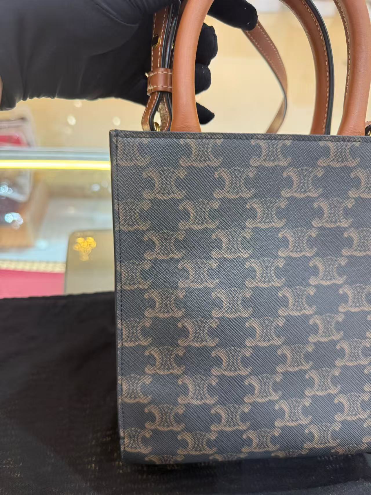 Celine - Cabas Mini - Triomphe coated canvas with leather trim and handles - Brown and Black with Tan handles - (mini)