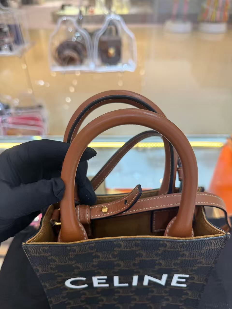 Celine - Cabas Mini - Triomphe coated canvas with leather trim and handles - Brown and Black with Tan handles - (mini)