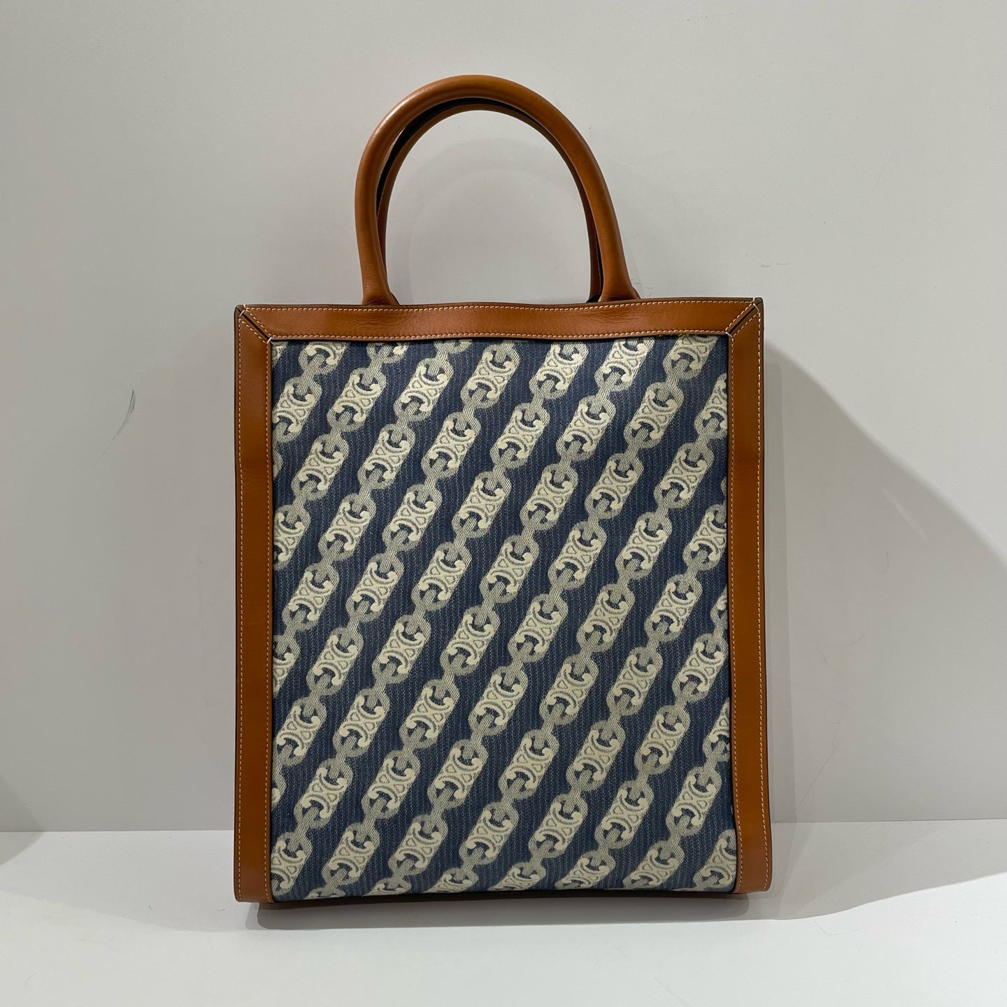 Celine - Cabas 'Music Score' Tote Bag - Denim and leather - Blue denim and brown leather with cream accents - (medium)