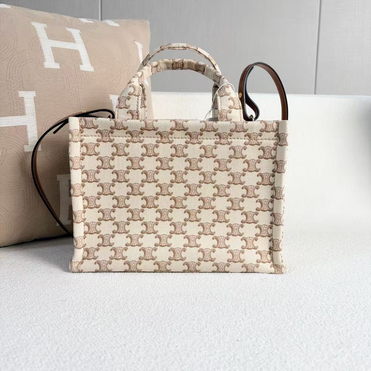 Celine - CABAS THAIS Tote Bag - Triomphe canvas with leather trim - Beige and Brown - (Small)