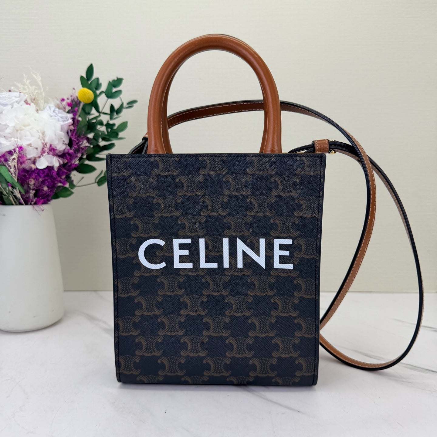 Celine - Cabas Triomphe Tote - Triomphe coated canvas with calfskin leather trim - Brown - (small)