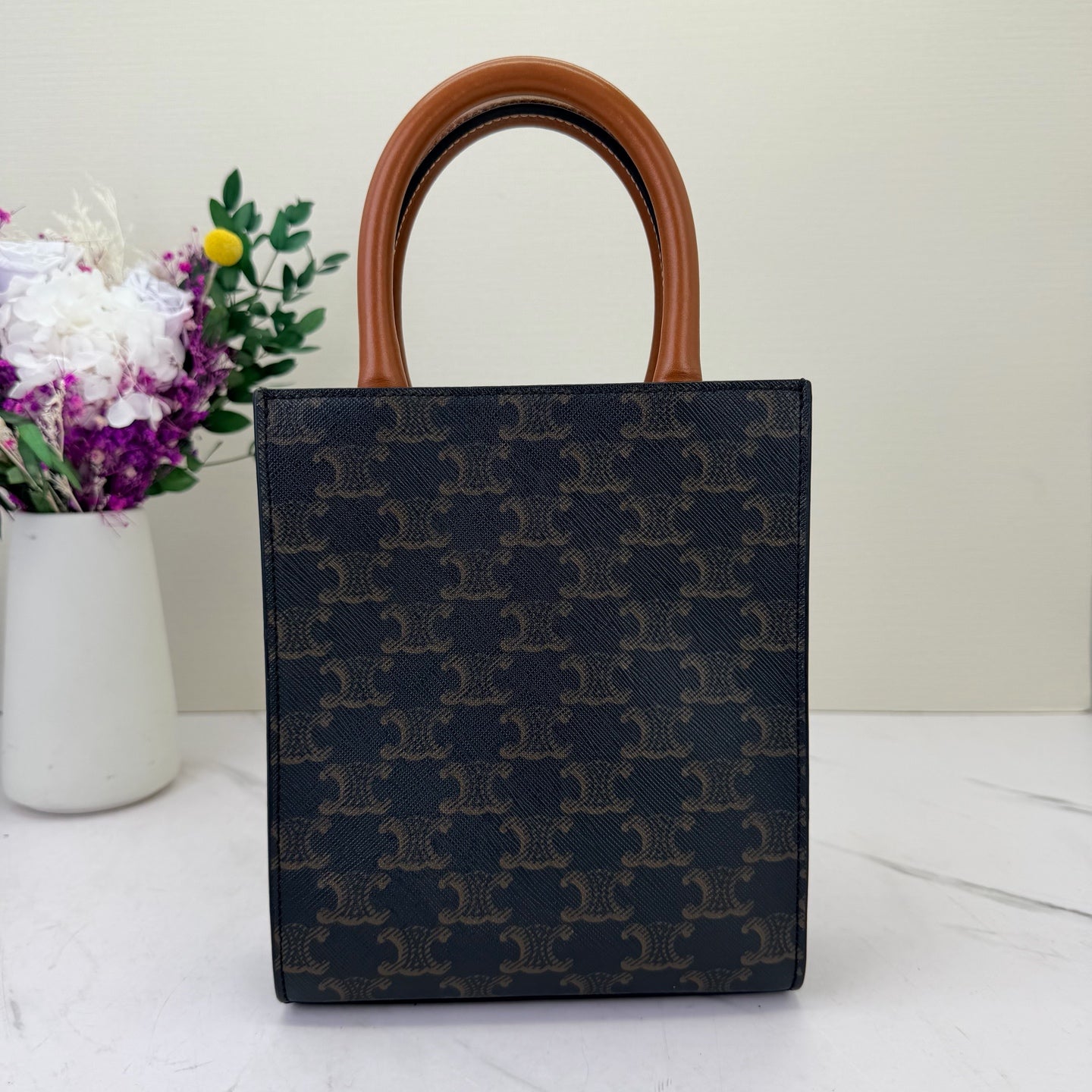 Celine - Cabas Triomphe Tote - Triomphe coated canvas with calfskin leather trim - Brown - (small)
