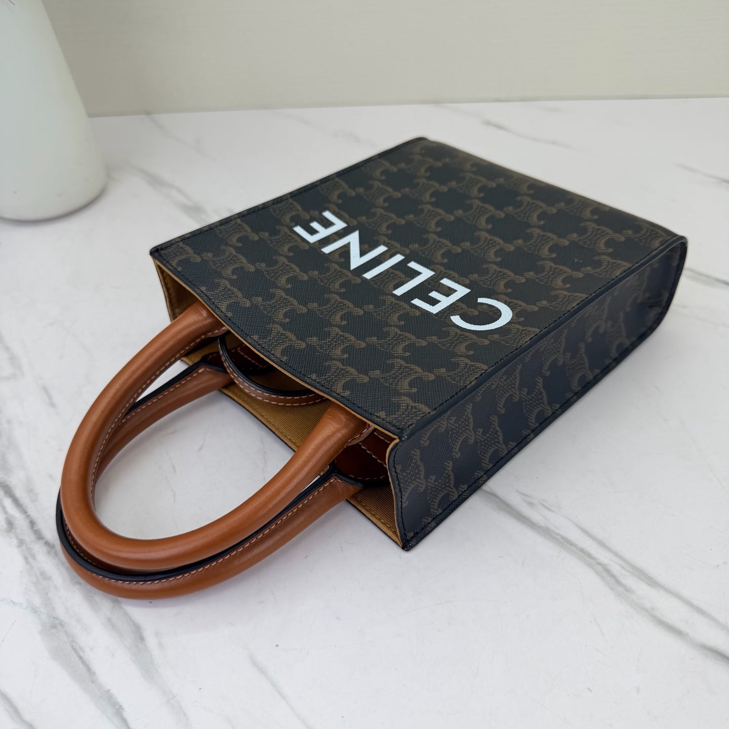 Celine - Cabas Triomphe Tote - Triomphe coated canvas with calfskin leather trim - Brown - (small)