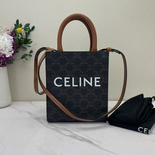 Celine - Cabas Triomphe Vertical Mini Tote - Triomphe coated canvas with calfskin leather trim - Brown and Tan - (mini)