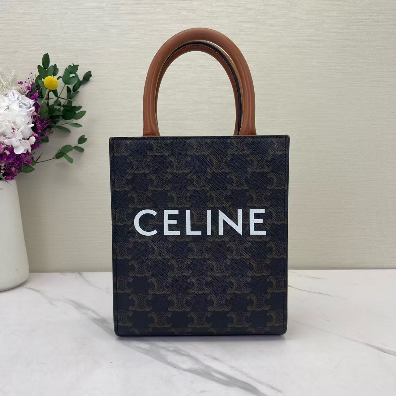 Celine - Cabas Triomphe Vertical Mini Tote - Triomphe coated canvas with calfskin leather trim - Brown and Tan - (mini)
