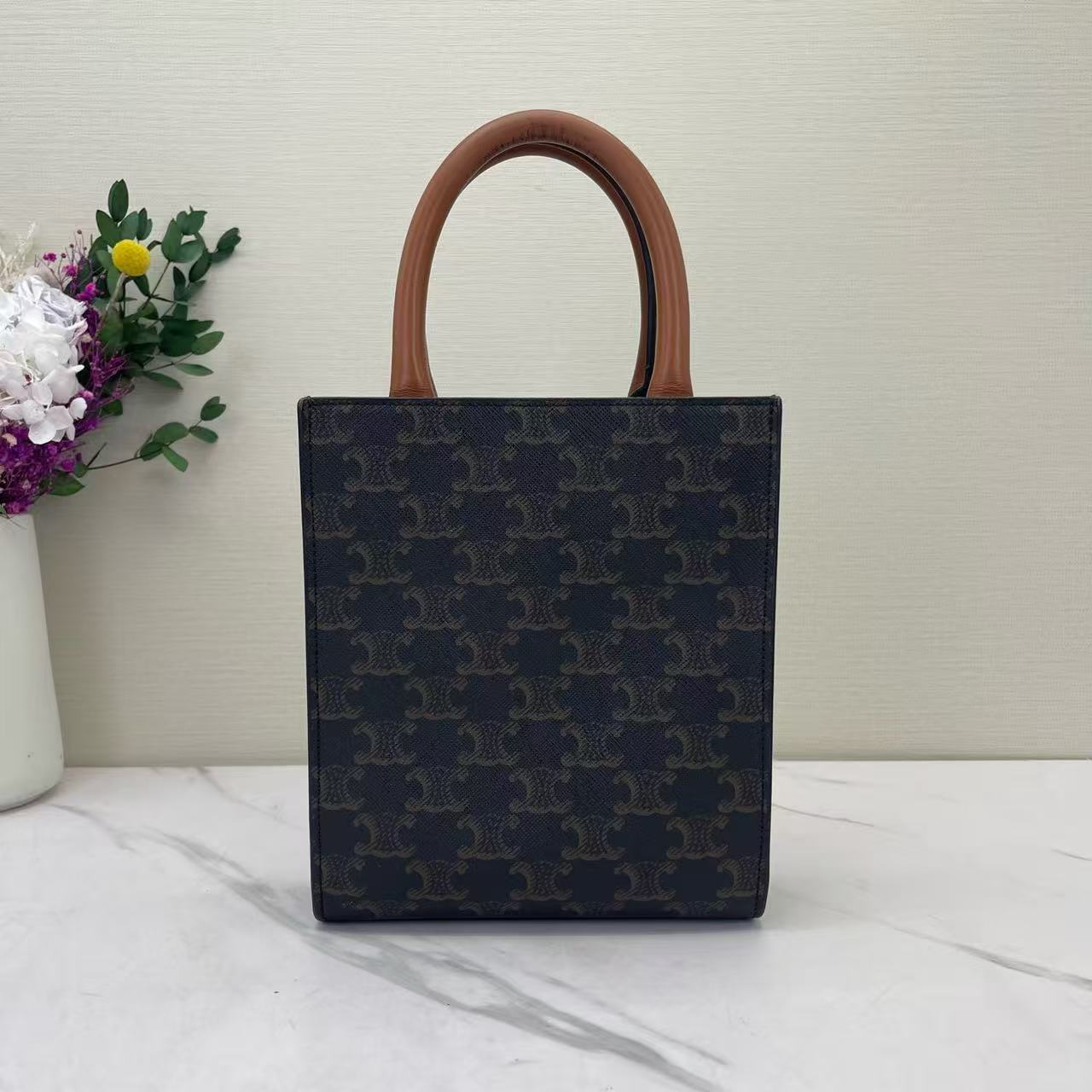 Celine - Cabas Triomphe Vertical Mini Tote - Triomphe coated canvas with calfskin leather trim - Brown and Tan - (mini)