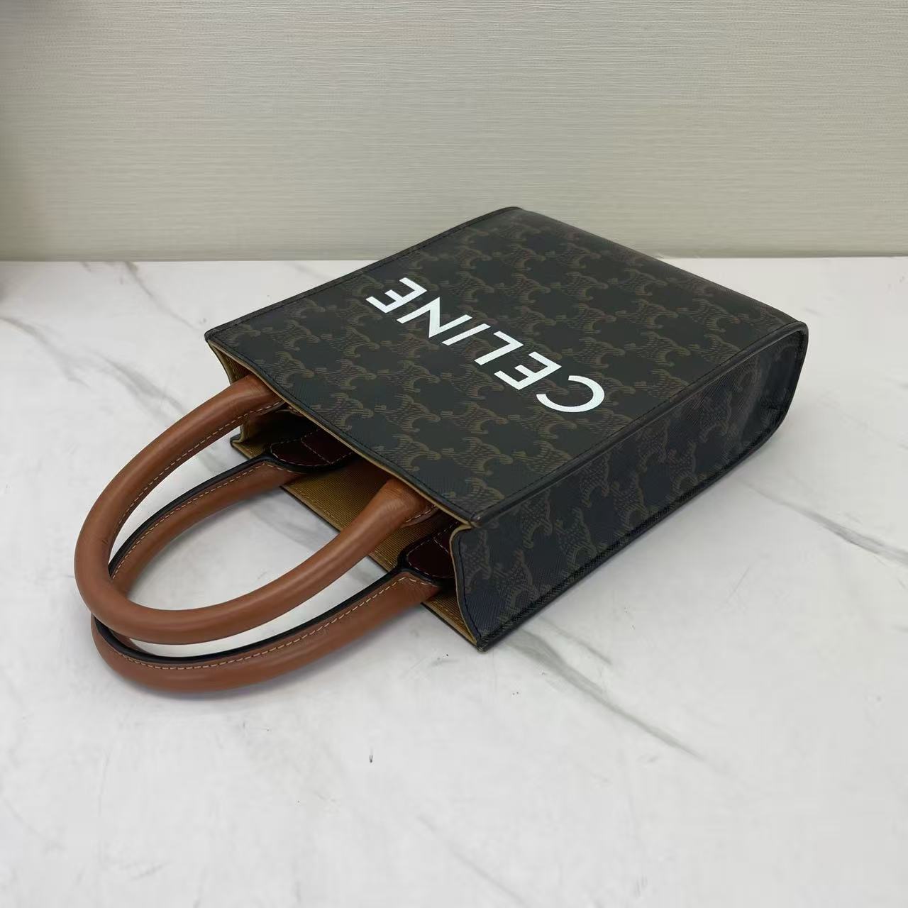 Celine - Cabas Triomphe Vertical Mini Tote - Triomphe coated canvas with calfskin leather trim - Brown and Tan - (mini)