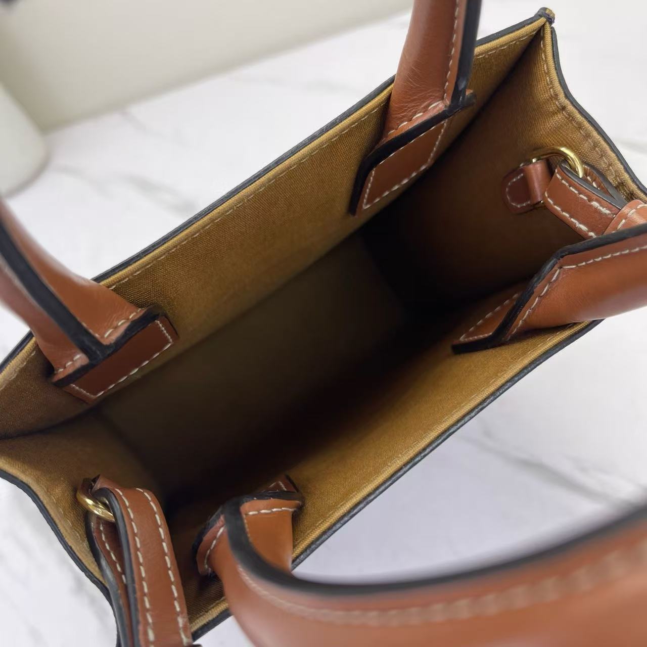 Celine - Cabas Triomphe Vertical Mini Tote - Triomphe coated canvas with calfskin leather trim - Brown and Tan - (mini)