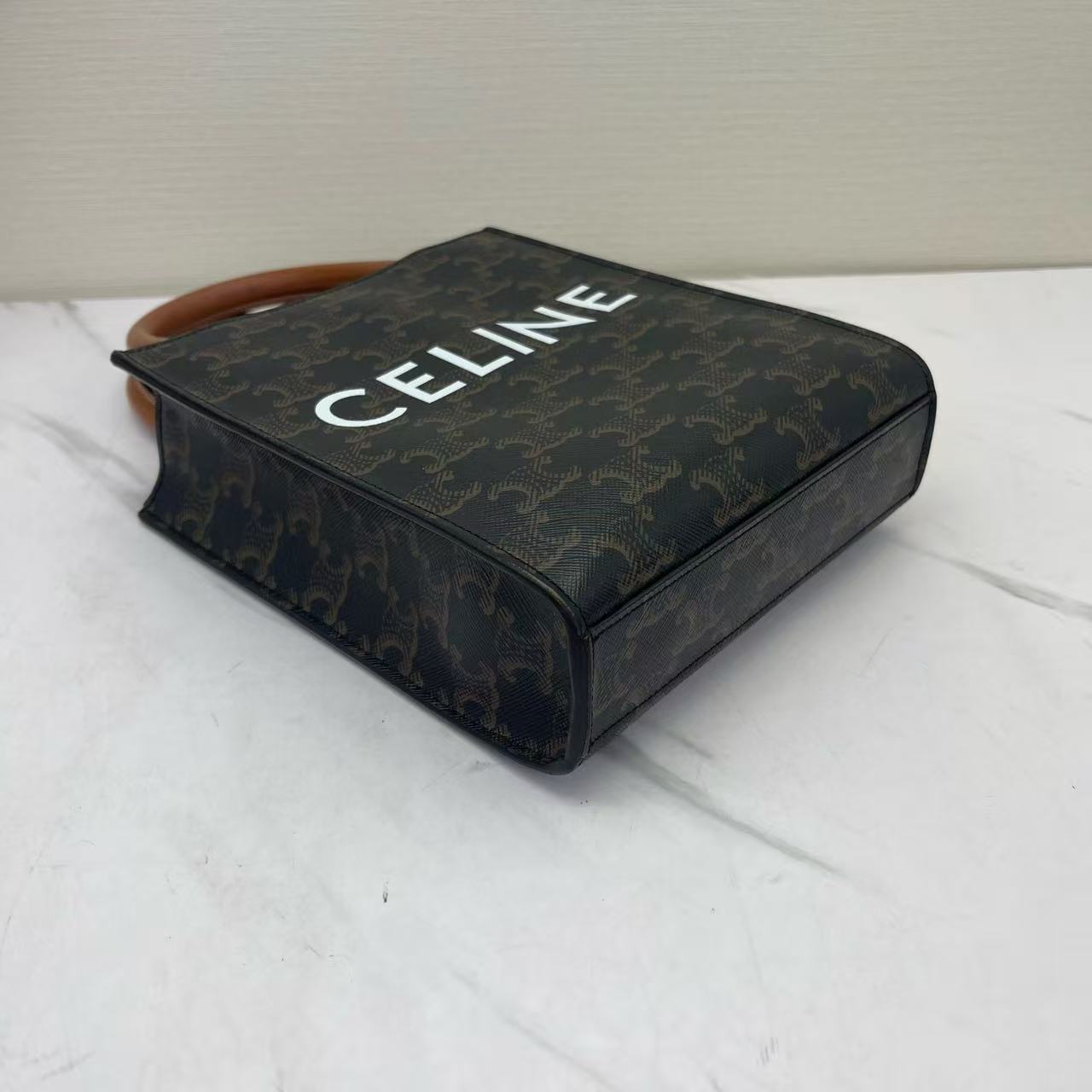 Celine - Cabas Triomphe Vertical Mini Tote - Triomphe coated canvas with calfskin leather trim - Brown and Tan - (mini)