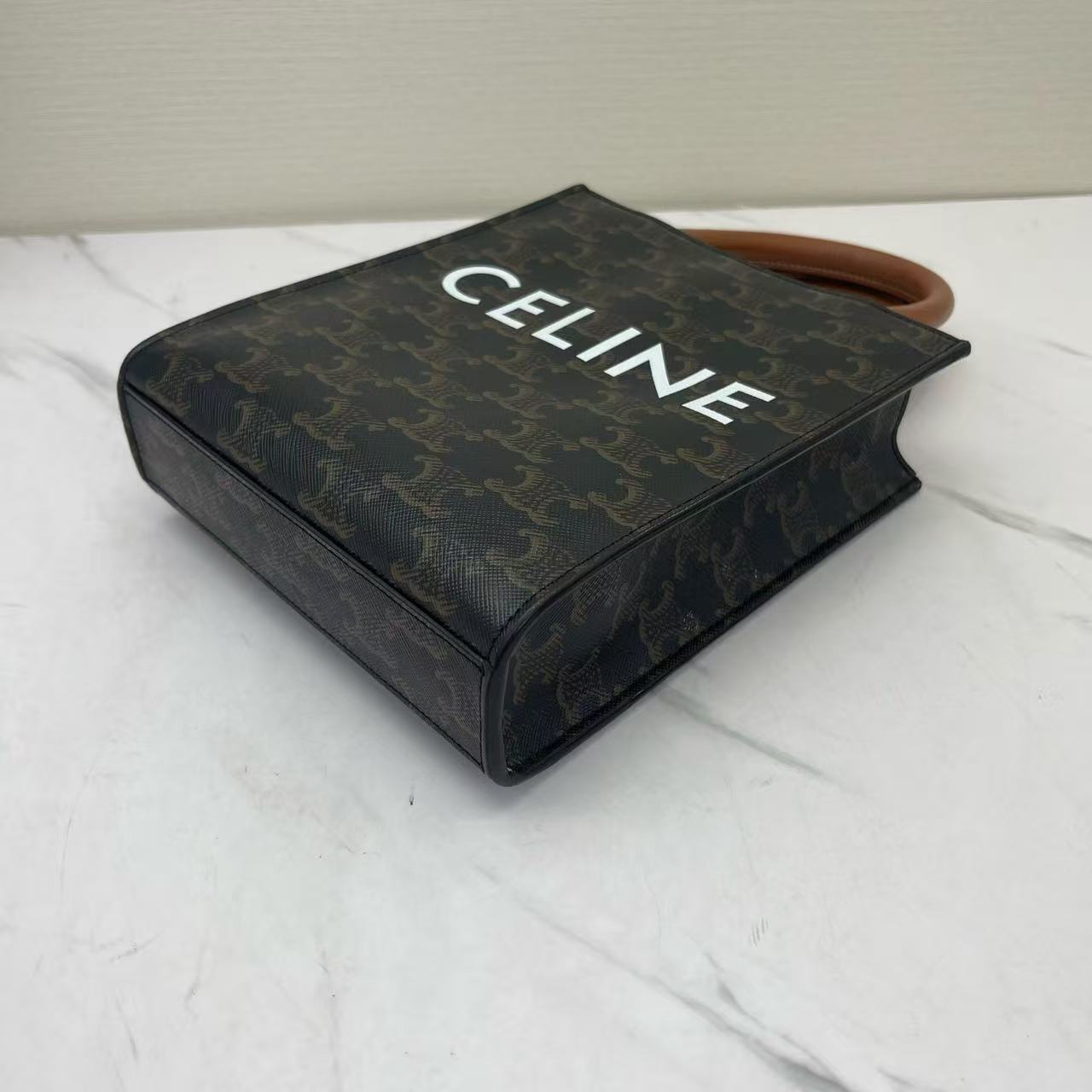 Celine - Cabas Triomphe Vertical Mini Tote - Triomphe coated canvas with calfskin leather trim - Brown and Tan - (mini)