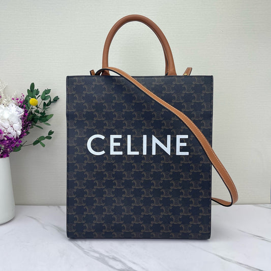 Celine - Cabas Triomphe Vertical Tote - Coated canvas with leather trim - Brown - (medium)
