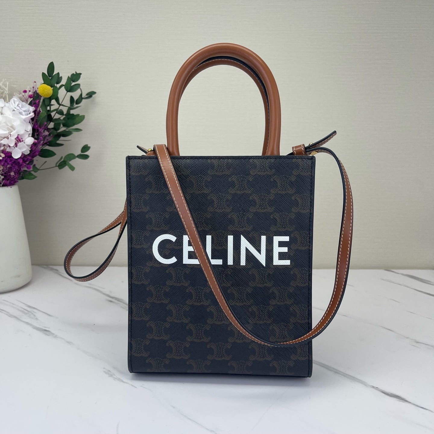 Celine - Cabas Triomphe Vertical Tote - Triomphe coated canvas and Leather - Dark Brown - (Small)