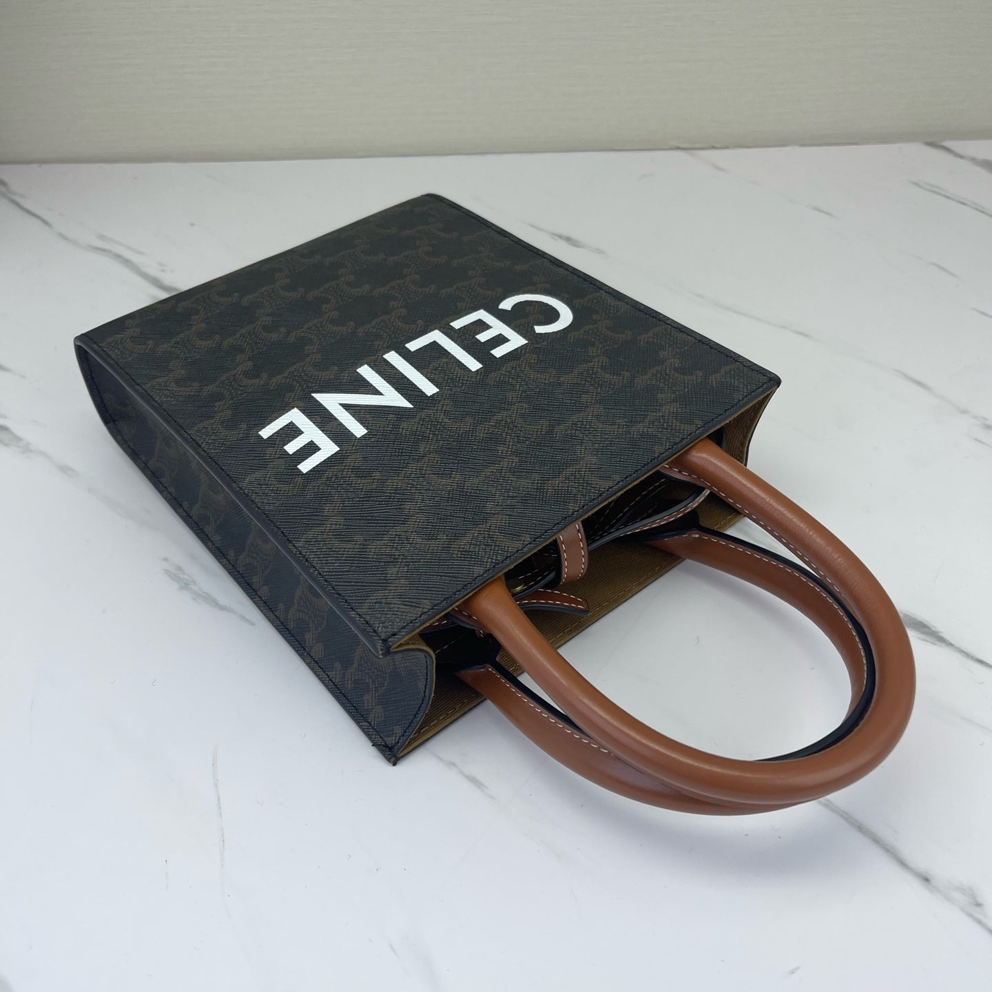 Celine - Cabas Triomphe Vertical Tote - Triomphe coated canvas and Leather - Dark Brown - (Small)