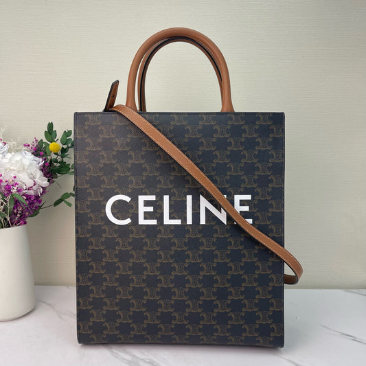 Celine - Cabas Triomphe Vertical Tote - Triomphe coated canvas with calfskin leather trim - Brown - (medium)