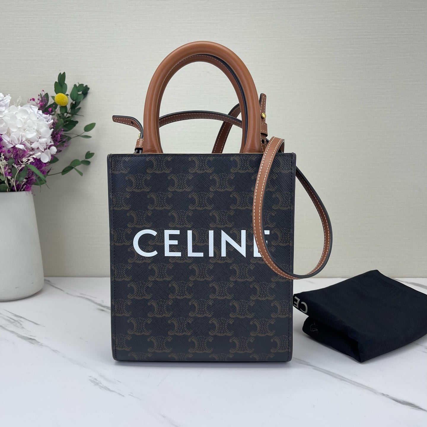 Celine - Cabas Triomphe Vertical Tote - Triomphe coated canvas with calfskin leather trim - Dark Brown and Tan with White logo - (small)