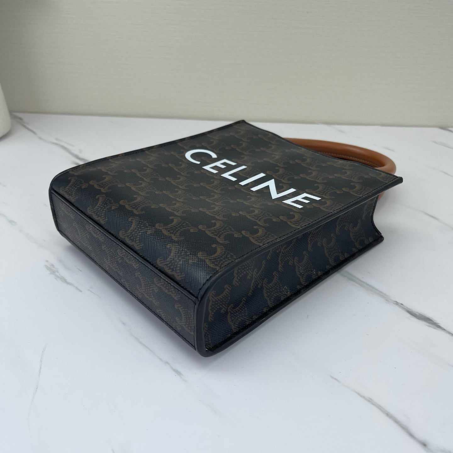 Celine - Cabas Triomphe Vertical Tote - Triomphe coated canvas with calfskin leather trim - Dark Brown and Tan with White logo - (small)